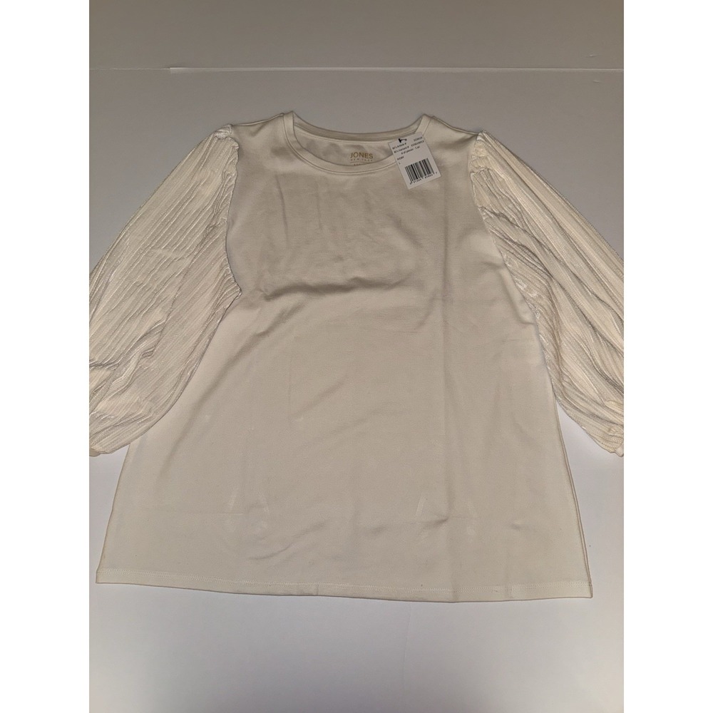 Jones New York Women Blouse Large Top Ivory Puff Sleeve Textured Beige Fairy NWT